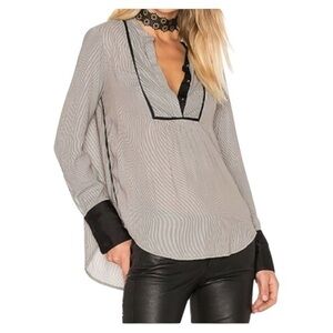 FREE PEOPLE Black White Pinstripe 1/2 Button-up Blouse Top Collared Shirt XS